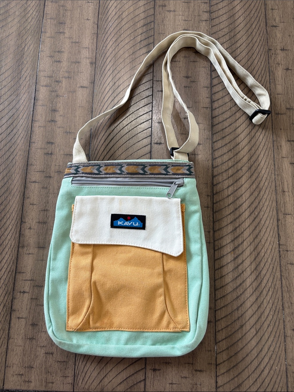 Kavu Mint, Mustard & Cream Canvas Crossbody with Patterned Trim